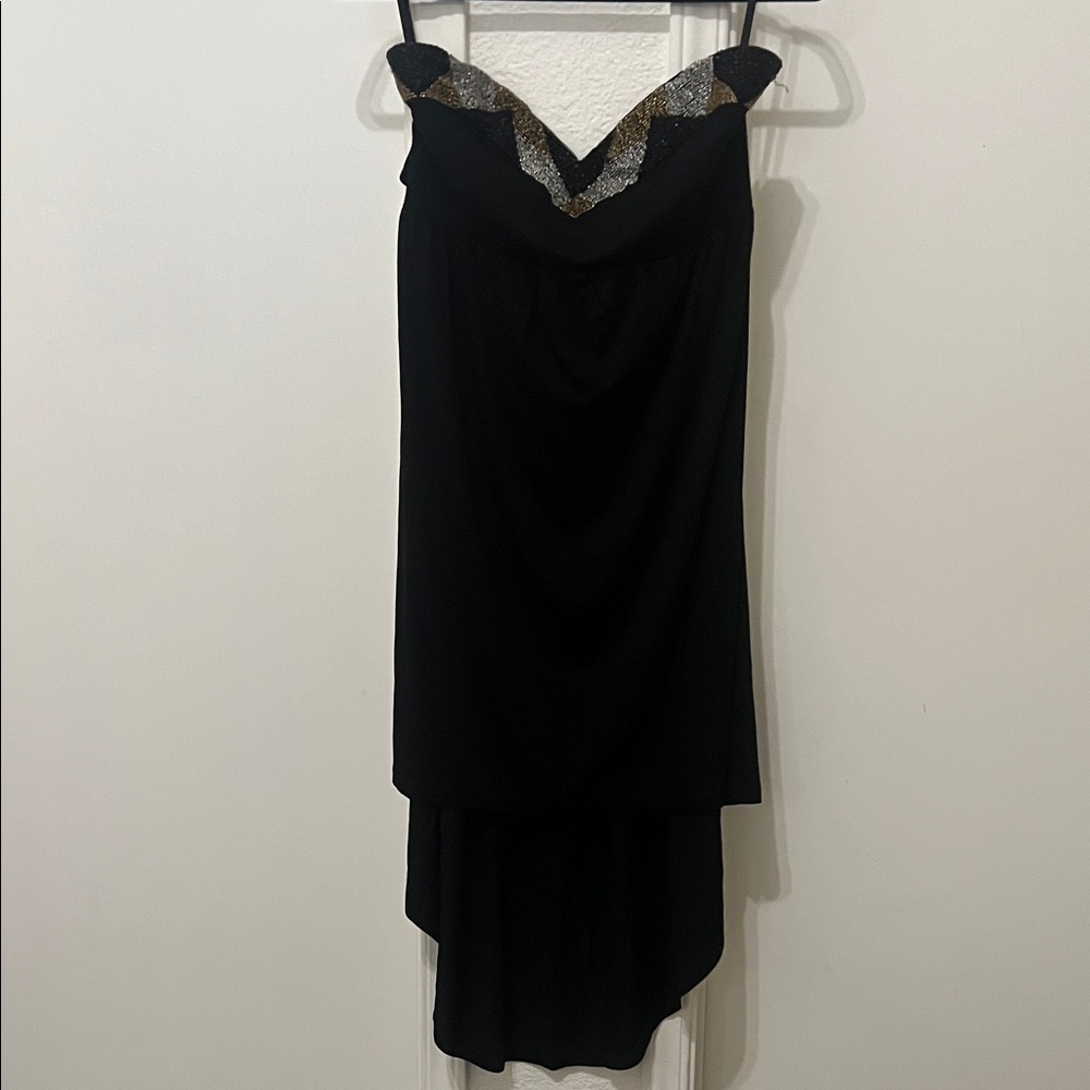 2B Bebe Black High-Low Slip Dress with Metallic Trim